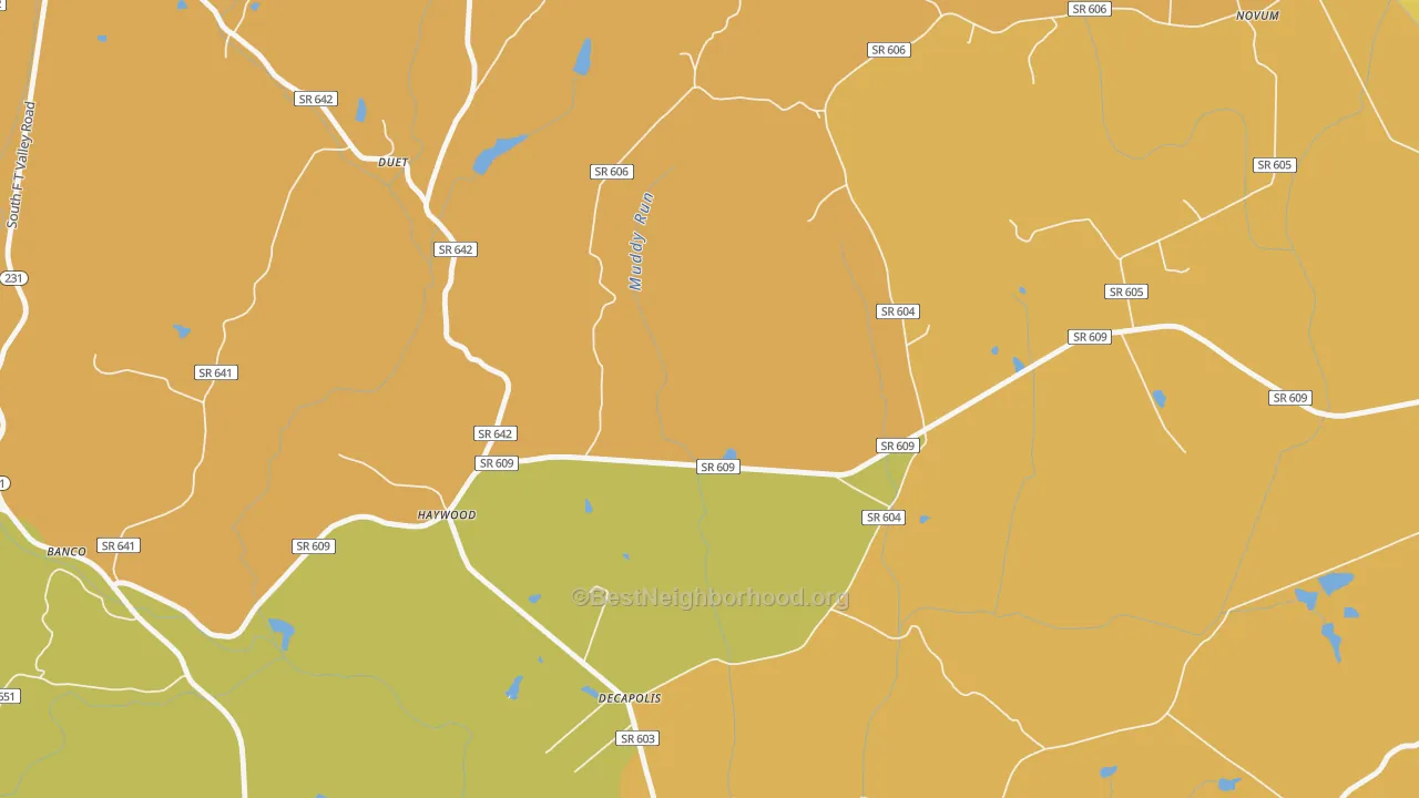 Map of the best neighborhoods in the 22722 area, with better matches in green and worse matches in red
