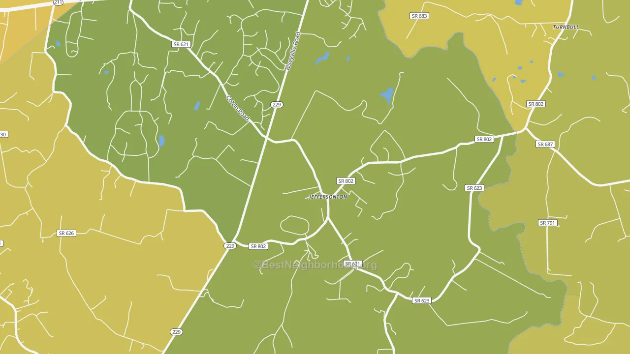 Map of the best neighborhoods in the 22724 area, with better matches in green and worse matches in red