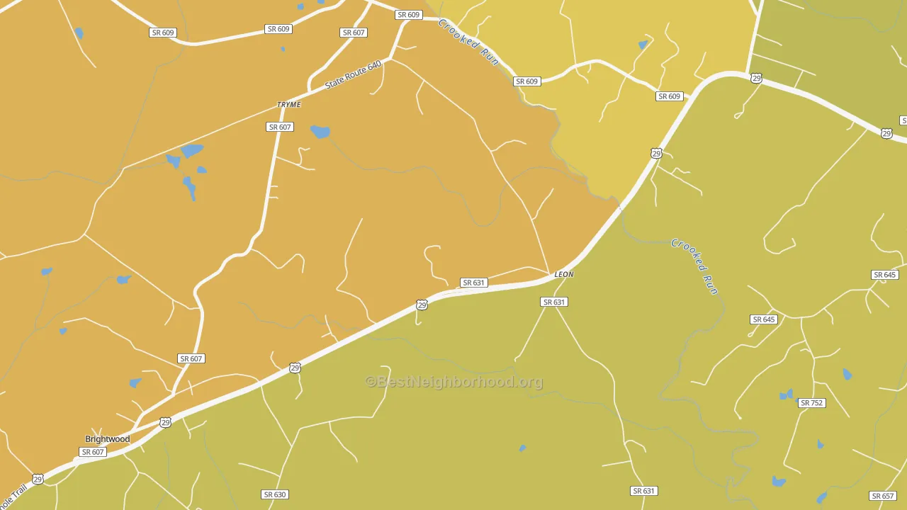 Map of the best neighborhoods in the 22725 area, with better matches in green and worse matches in red