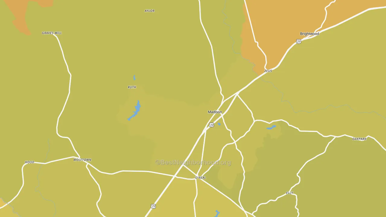 Map of the best neighborhoods in the 22727 area, with better matches in green and worse matches in red