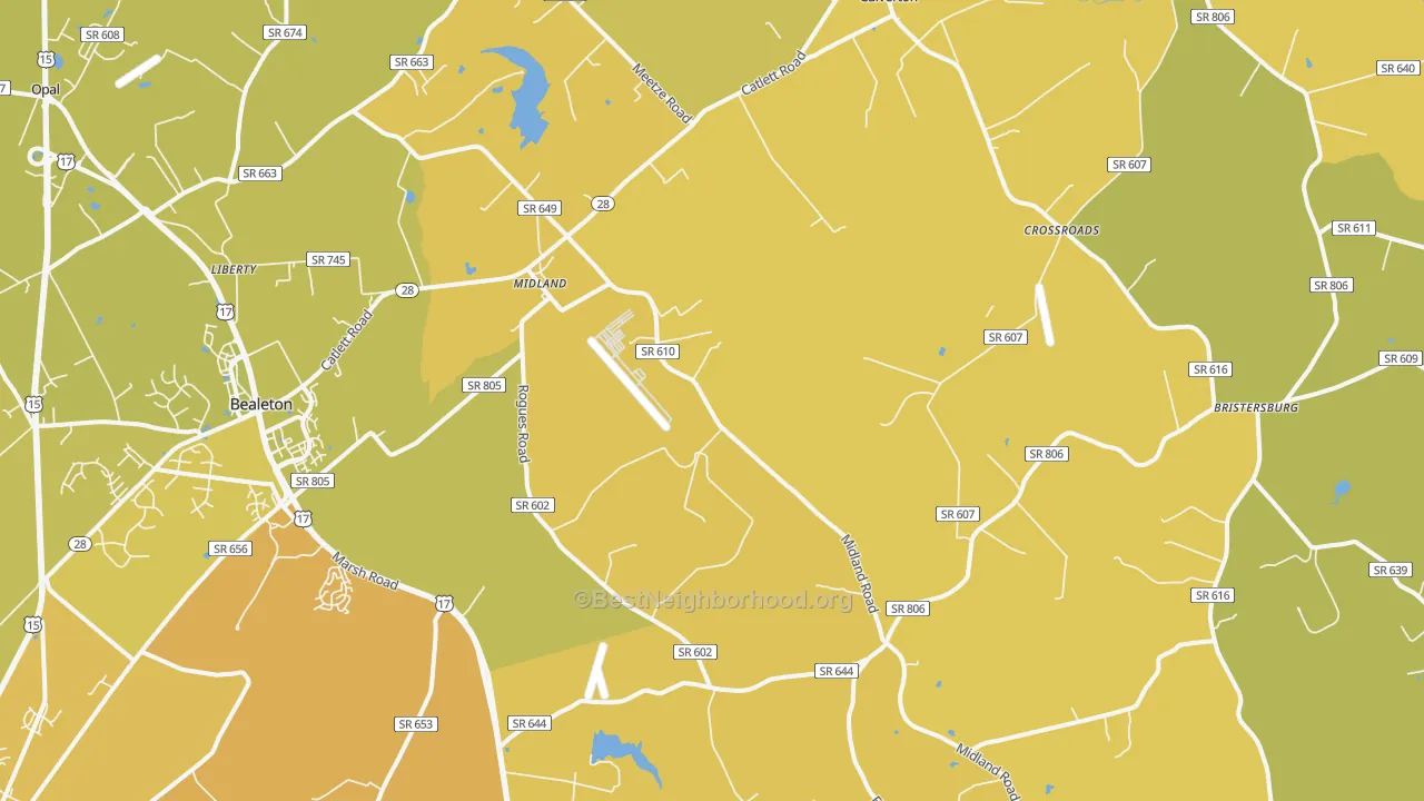 Map of the best neighborhoods in the 22728 area, with better matches in green and worse matches in red