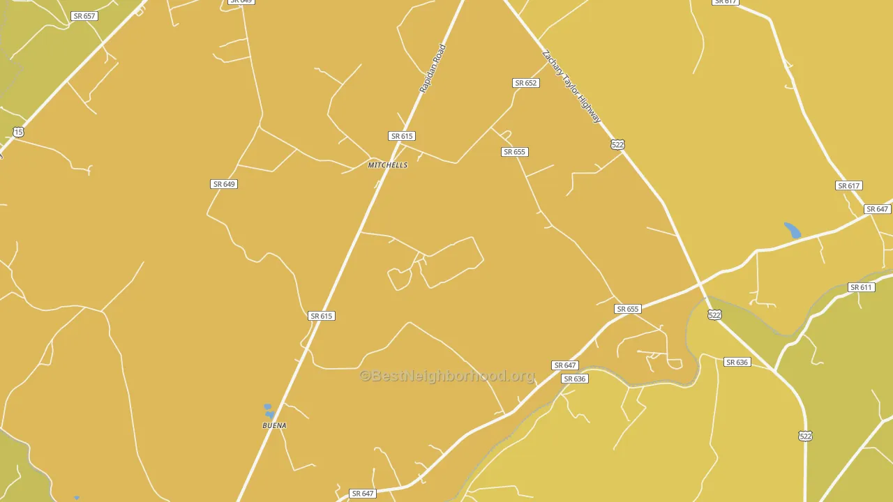 Map of the best neighborhoods in the 22729 area, with better matches in green and worse matches in red