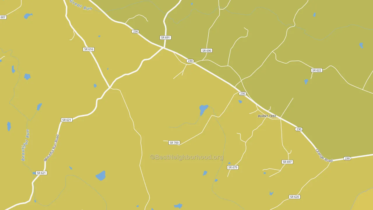 Map of the best neighborhoods in the 22732 area, with better matches in green and worse matches in red