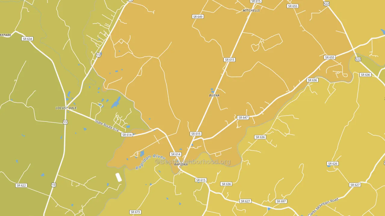 Map of the best neighborhoods in the 22733 area, with better matches in green and worse matches in red