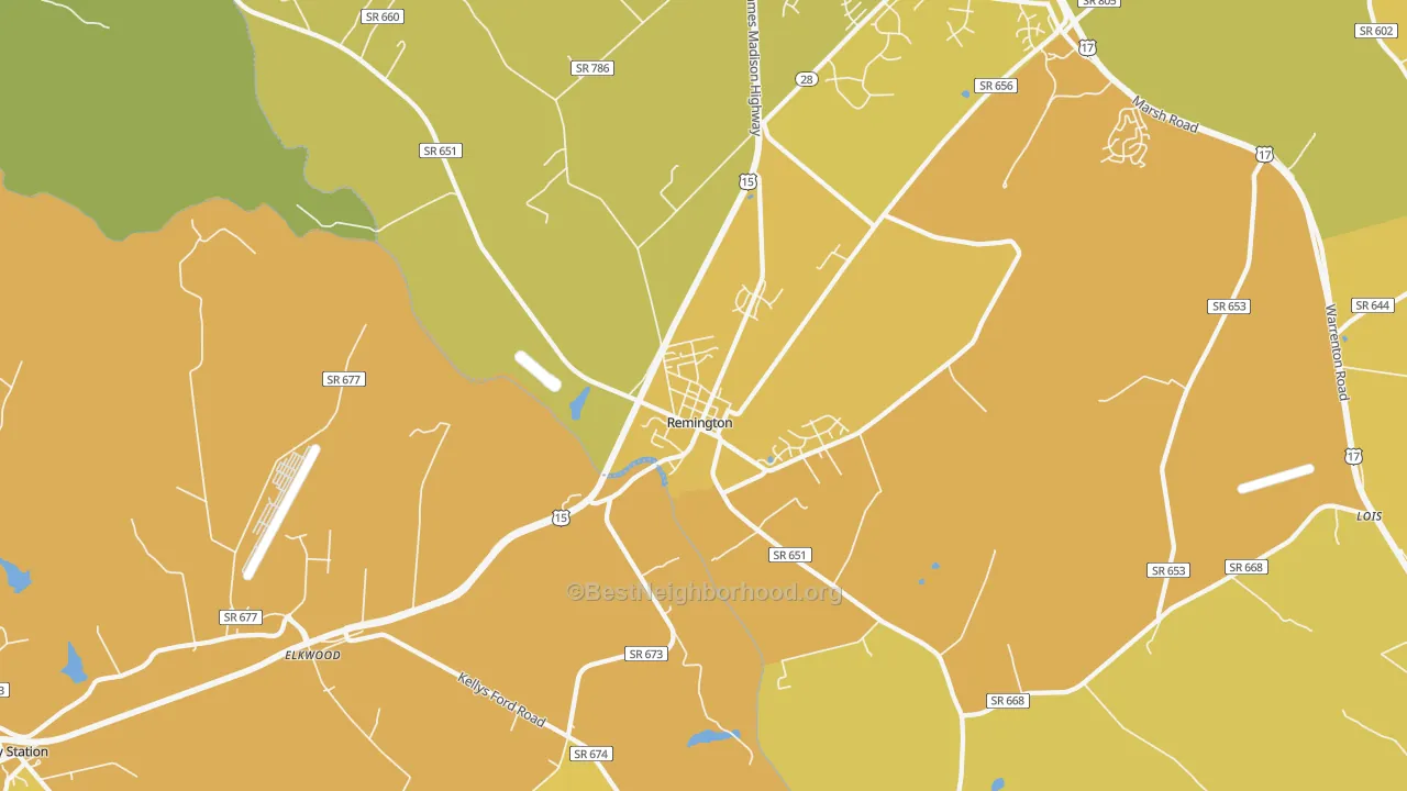Map of the best neighborhoods in the 22734 area, with better matches in green and worse matches in red
