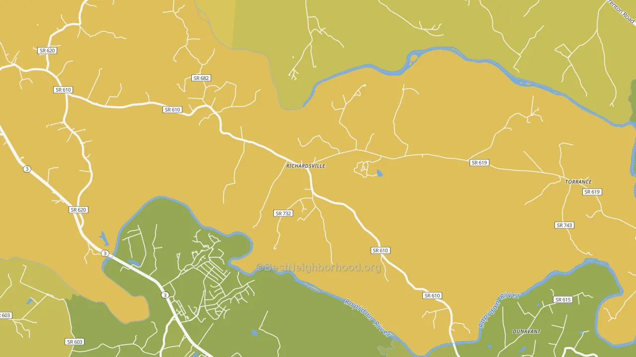 Map of the best neighborhoods in the 22736 area, with better matches in green and worse matches in red