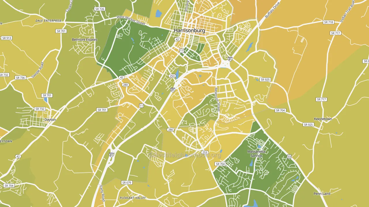 Map of the best neighborhoods in the 22801 area, with better matches in green and worse matches in red