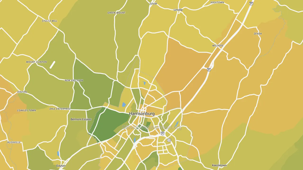 Map of the best neighborhoods in the 22802 area, with better matches in green and worse matches in red