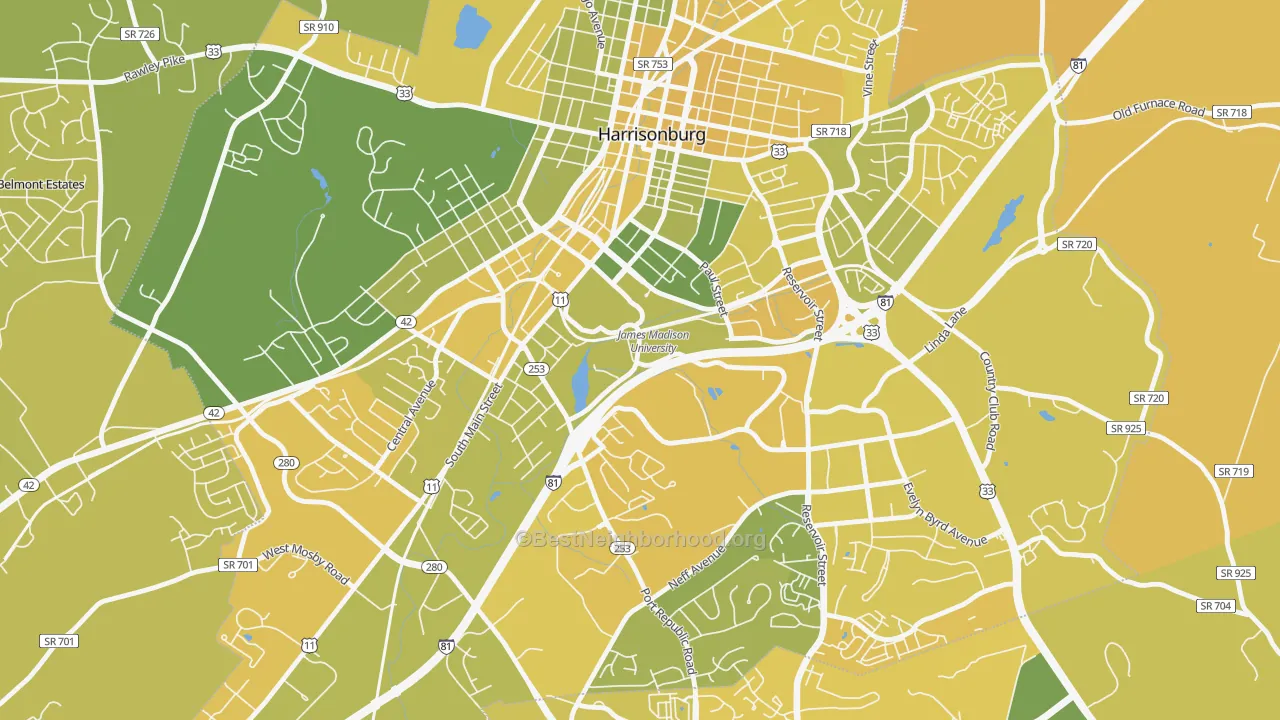 Map of the best neighborhoods in the 22807 area, with better matches in green and worse matches in red