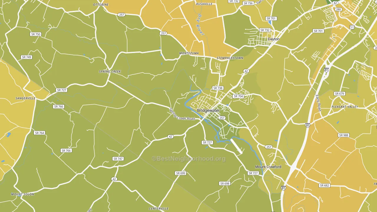 Map of the best neighborhoods in the 22812 area, with better matches in green and worse matches in red