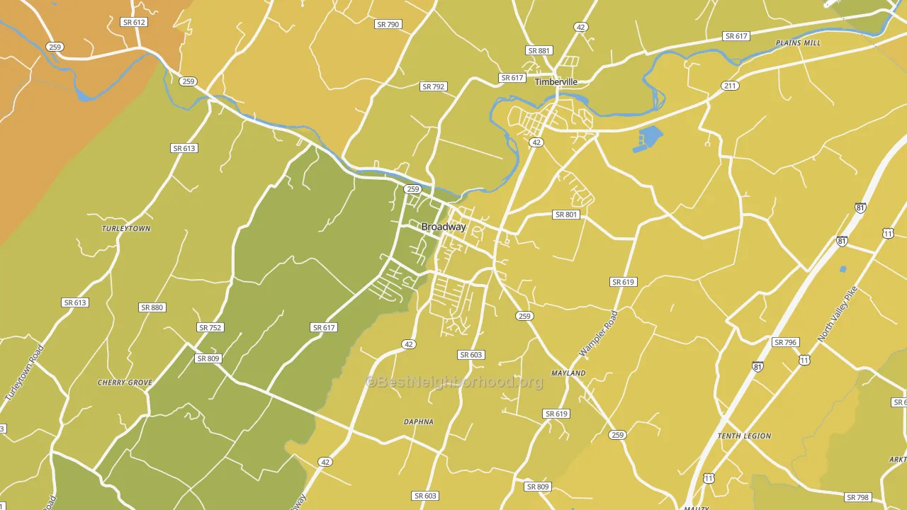 Map of the best neighborhoods in the 22815 area, with better matches in green and worse matches in red