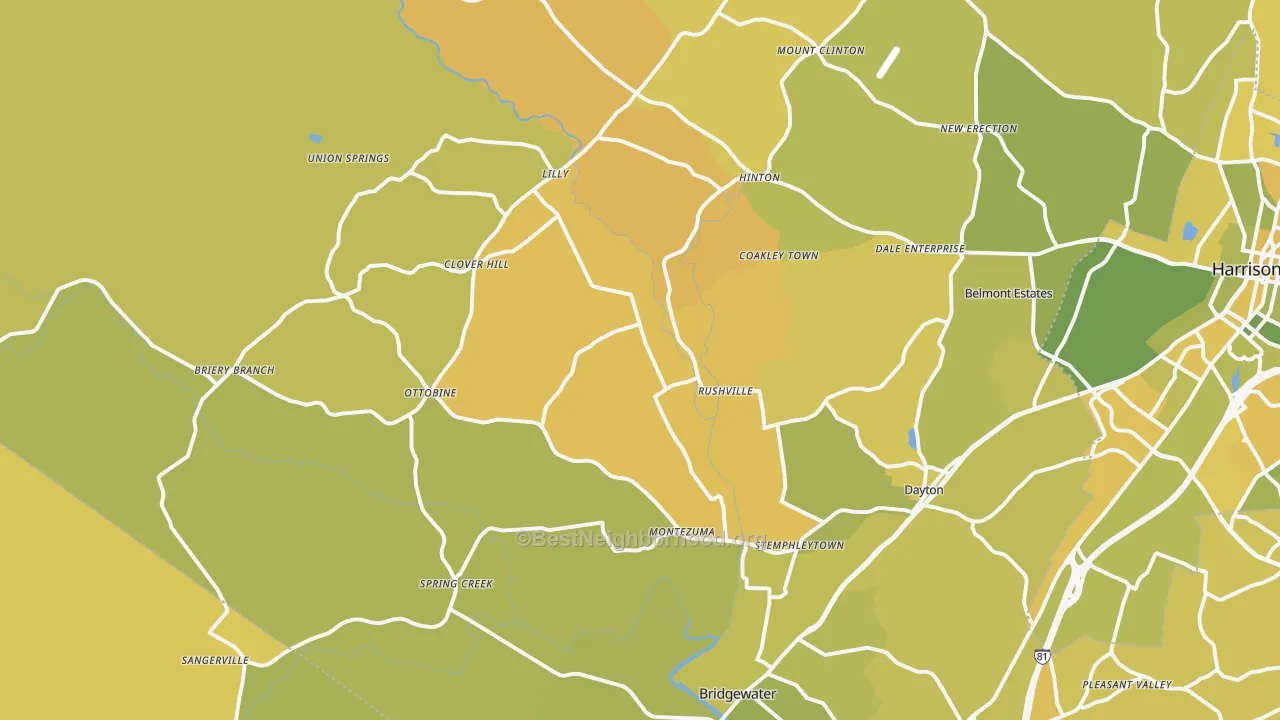 Map of the best neighborhoods in the 22821 area, with better matches in green and worse matches in red
