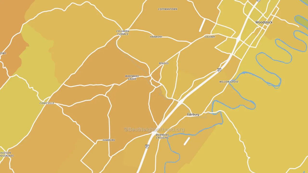 Map of the best neighborhoods in the 22824 area, with better matches in green and worse matches in red