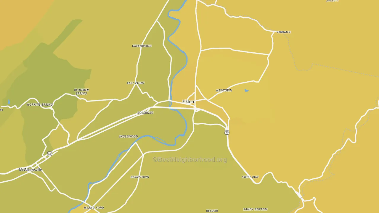 Map of the best neighborhoods in the 22827 area, with better matches in green and worse matches in red