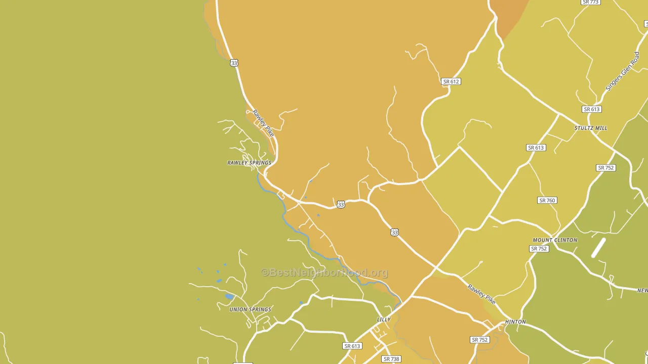 Map of the best neighborhoods in the 22831 area, with better matches in green and worse matches in red