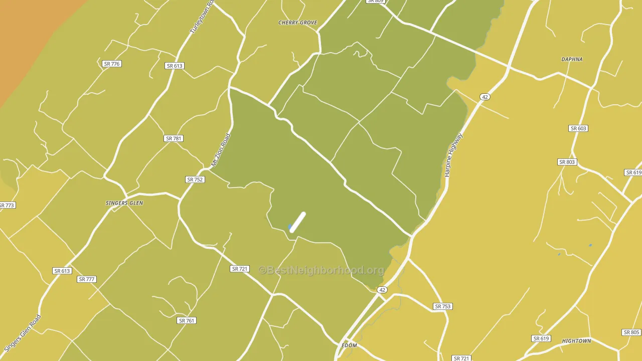 Map of the best neighborhoods in the 22834 area, with better matches in green and worse matches in red