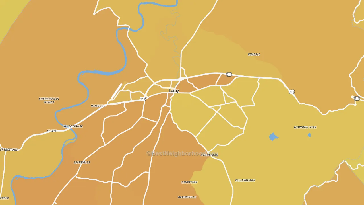 Map of the best neighborhoods in the 22835 area, with better matches in green and worse matches in red
