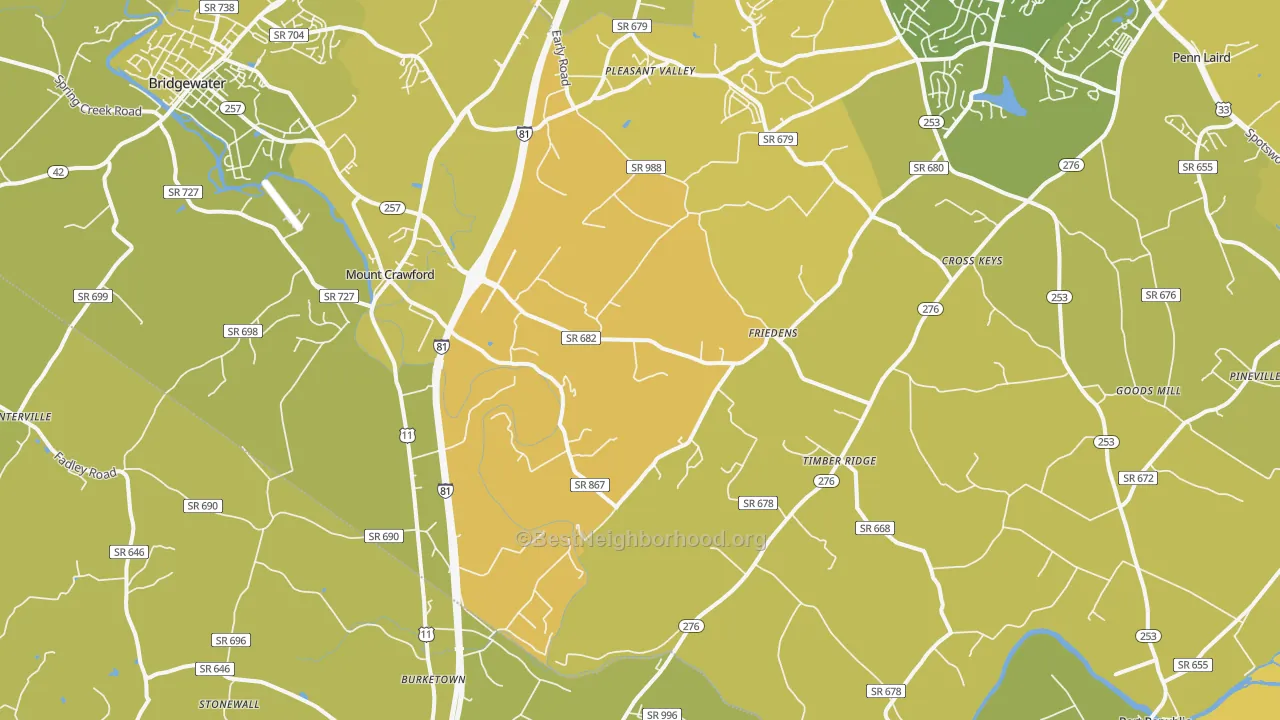 Map of the best neighborhoods in the 22841 area, with better matches in green and worse matches in red