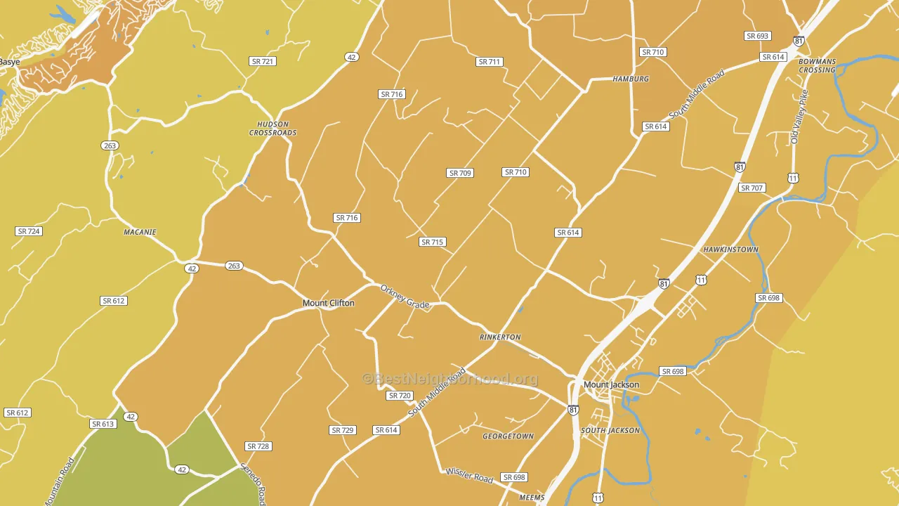 Map of the best neighborhoods in the 22842 area, with better matches in green and worse matches in red