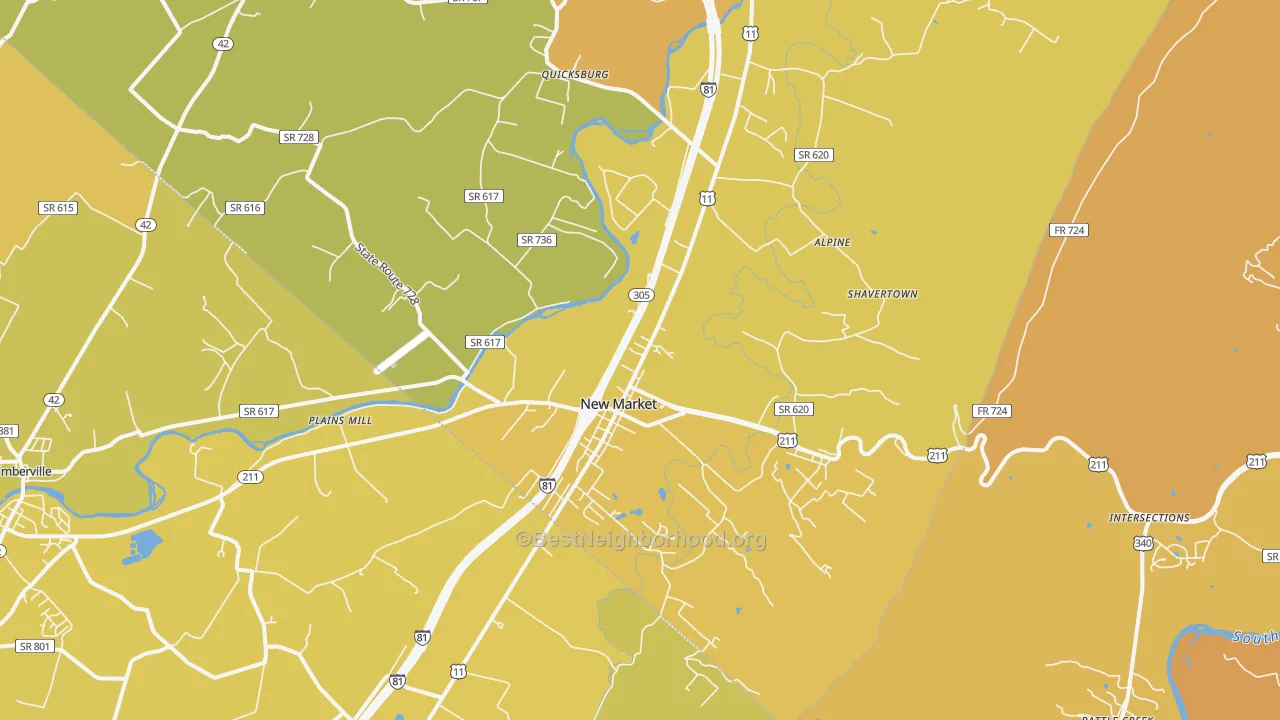 Map of the best neighborhoods in the 22844 area, with better matches in green and worse matches in red