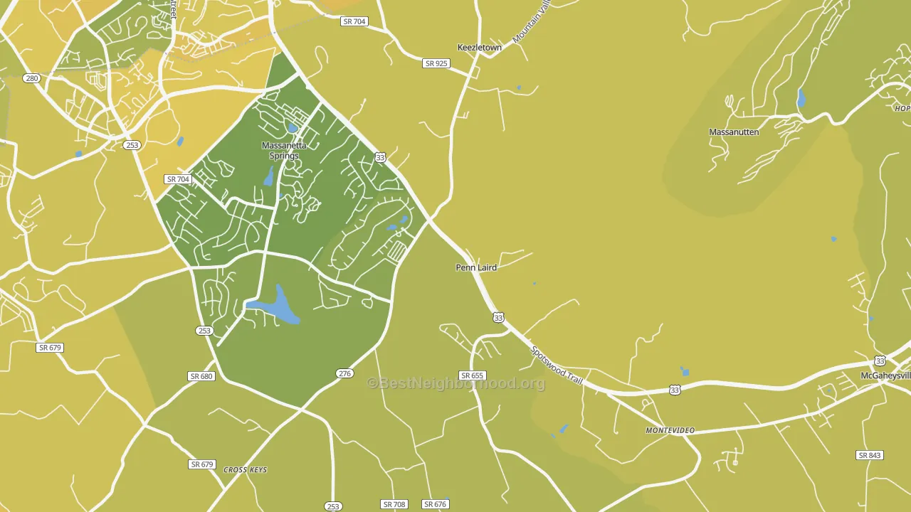 Map of the best neighborhoods in the 22846 area, with better matches in green and worse matches in red