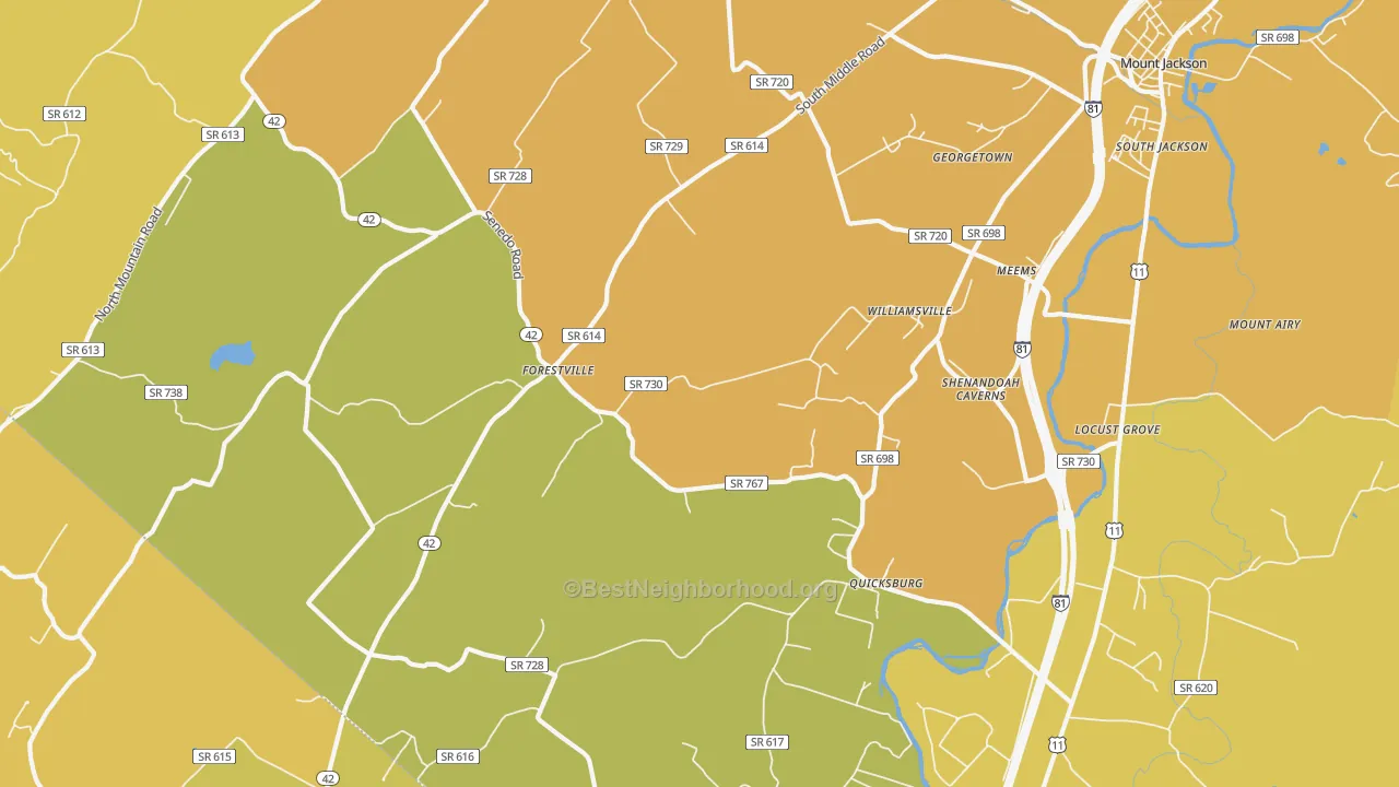 Map of the best neighborhoods in the 22847 area, with better matches in green and worse matches in red