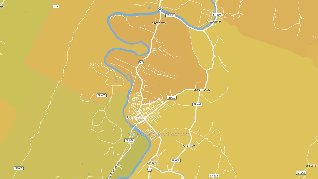 Map of the best neighborhoods in the 22849 area, with better matches in green and worse matches in red