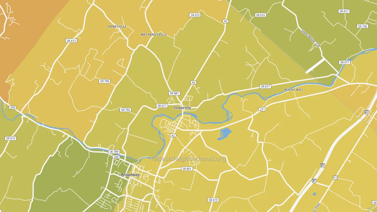 Map of the best neighborhoods in the 22853 area, with better matches in green and worse matches in red
