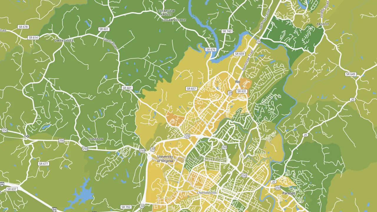 Map of the best neighborhoods in the 22901 area, with better matches in green and worse matches in red