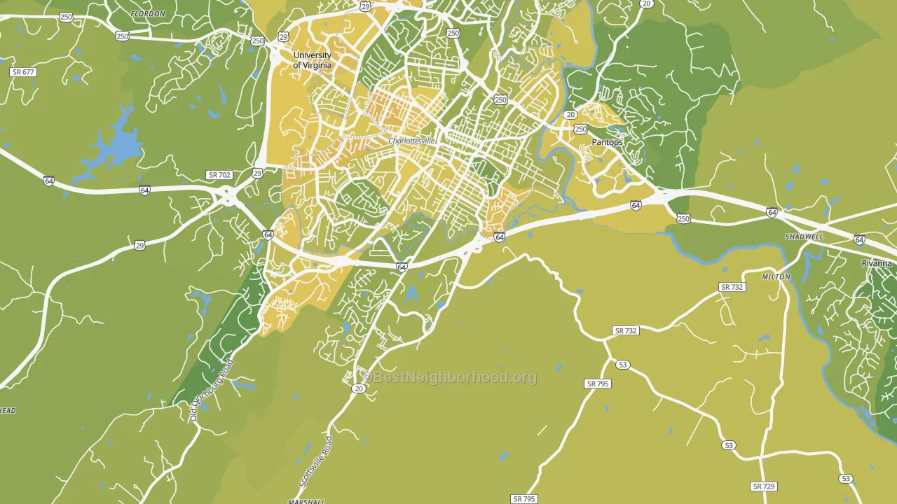 Map of the best neighborhoods in the 22902 area, with better matches in green and worse matches in red