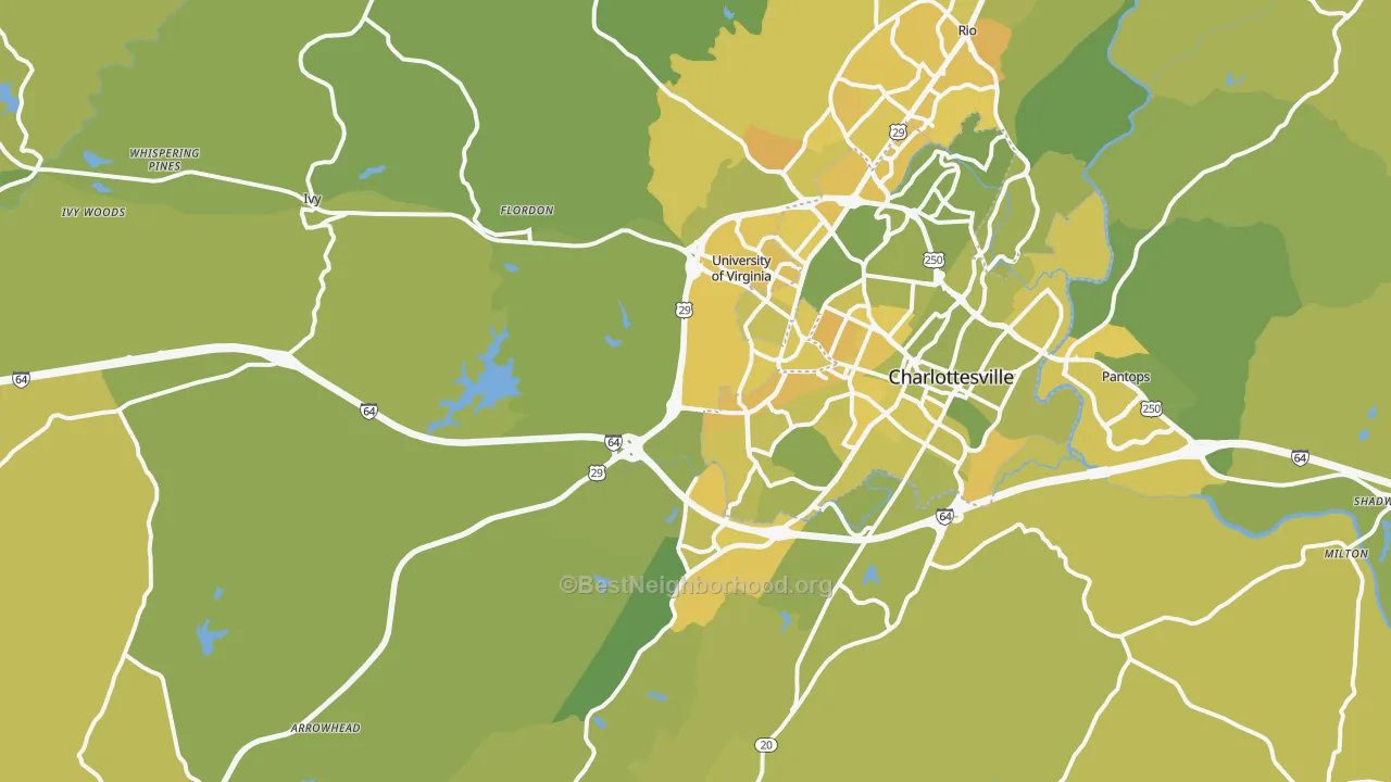 Map of the best neighborhoods in the 22903 area, with better matches in green and worse matches in red
