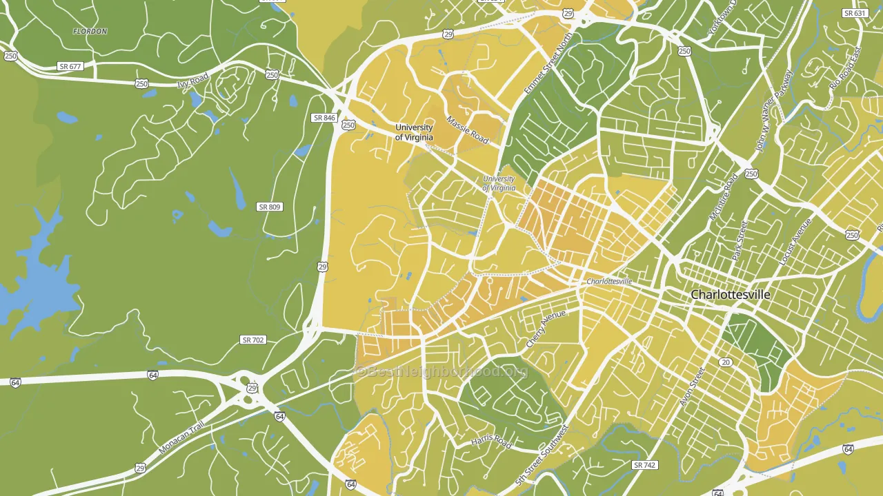 Map of the best neighborhoods in the 22904 area, with better matches in green and worse matches in red
