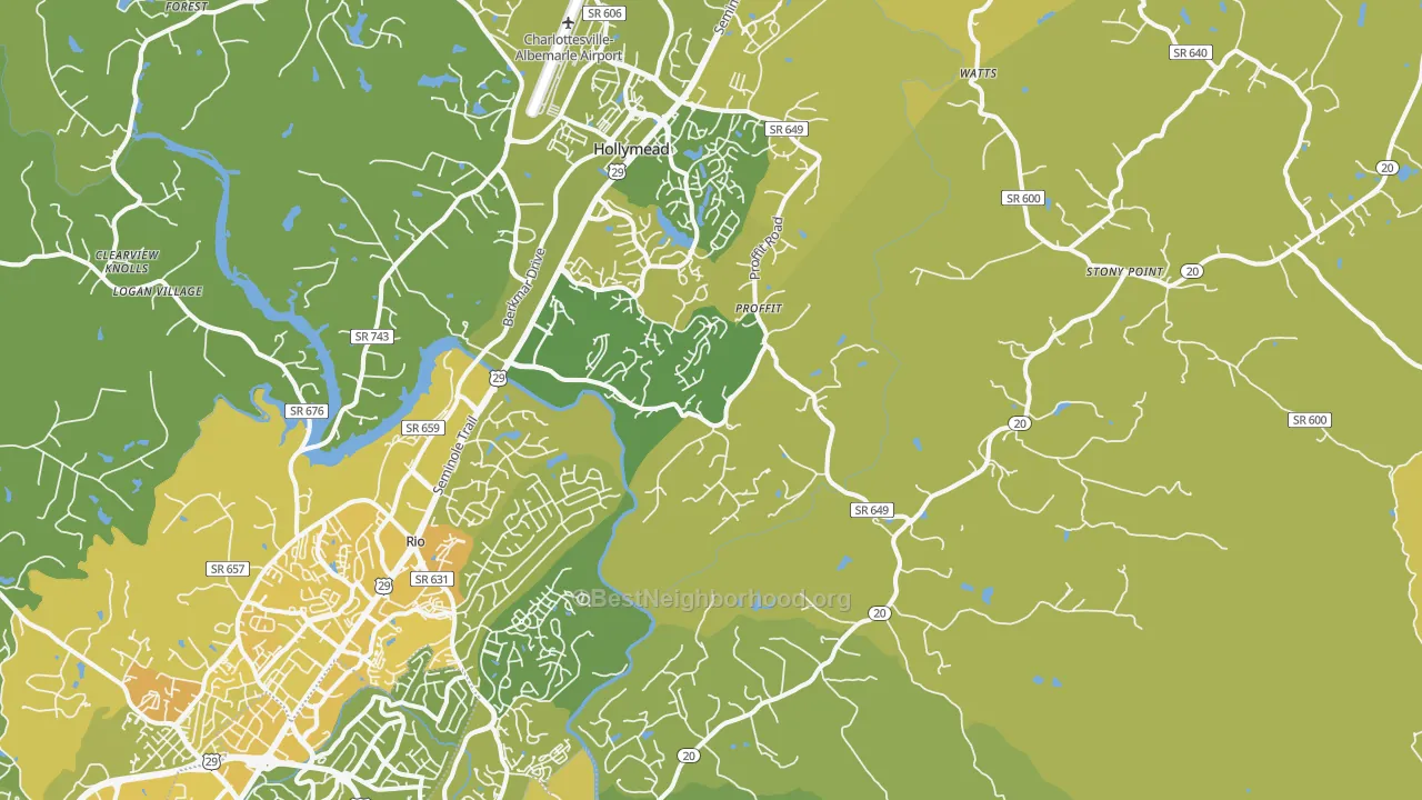 Map of the best neighborhoods in the 22911 area, with better matches in green and worse matches in red
