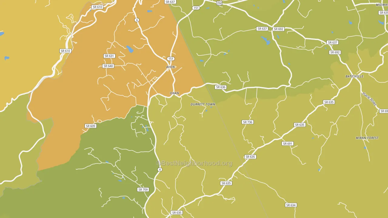 Map of the best neighborhoods in the 22920 area, with better matches in green and worse matches in red