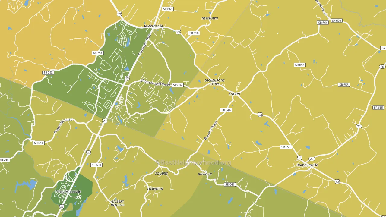 Map of the best neighborhoods in the 22923 area, with better matches in green and worse matches in red