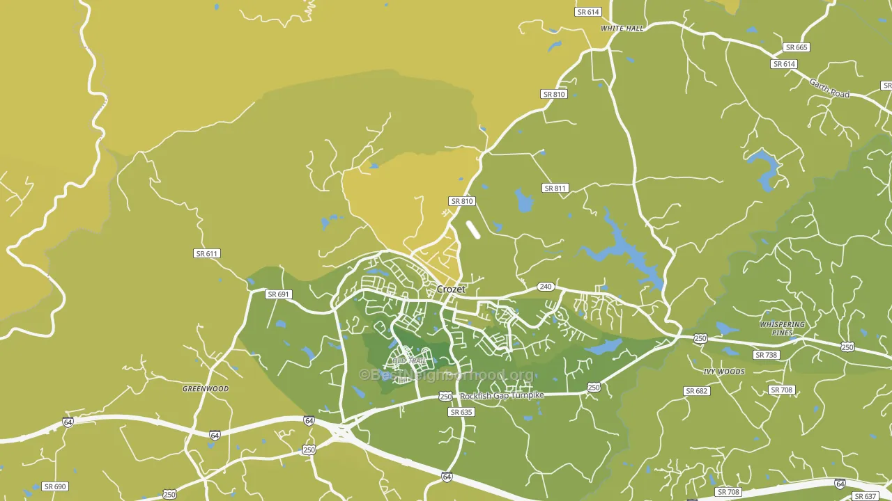 Map of the best neighborhoods in the 22932 area, with better matches in green and worse matches in red