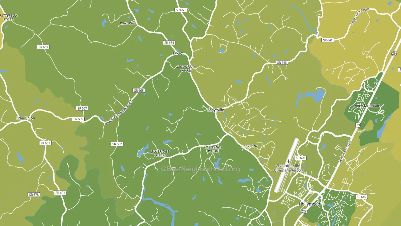 Map of the best neighborhoods in the 22936 area, with better matches in green and worse matches in red