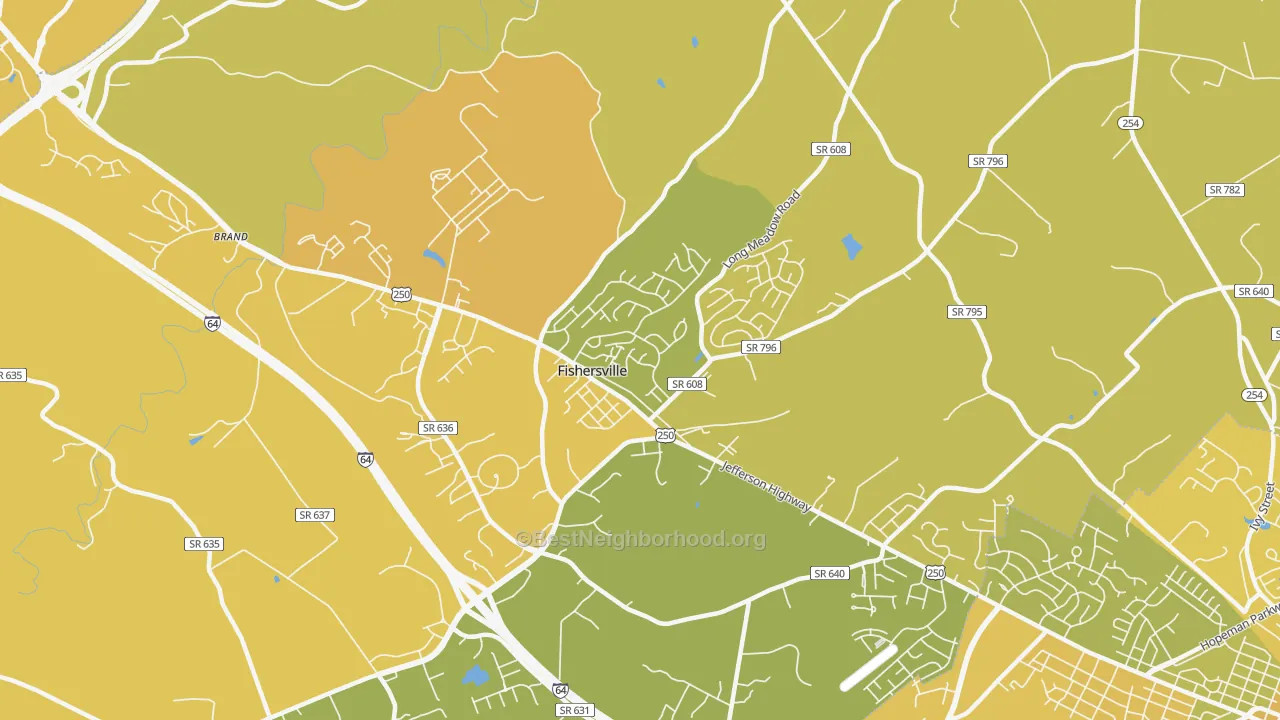 Map of the best neighborhoods in the 22939 area, with better matches in green and worse matches in red