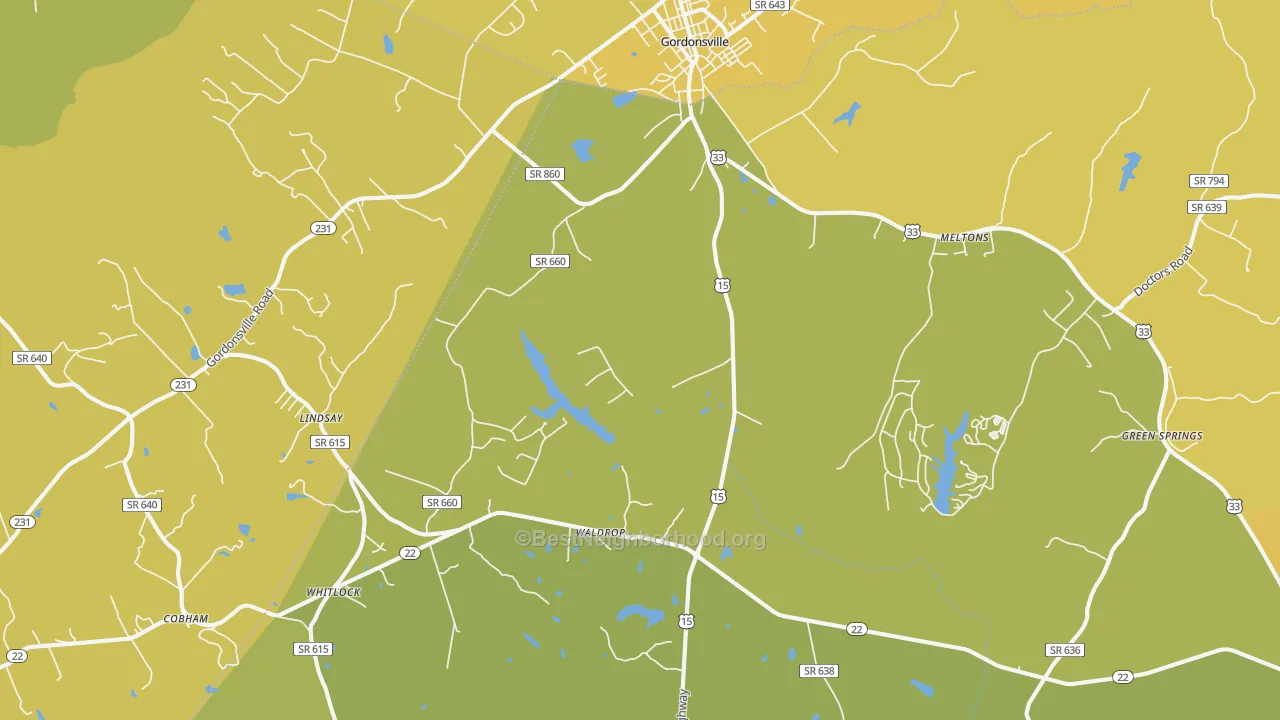 Map of the best neighborhoods in the 22942 area, with better matches in green and worse matches in red