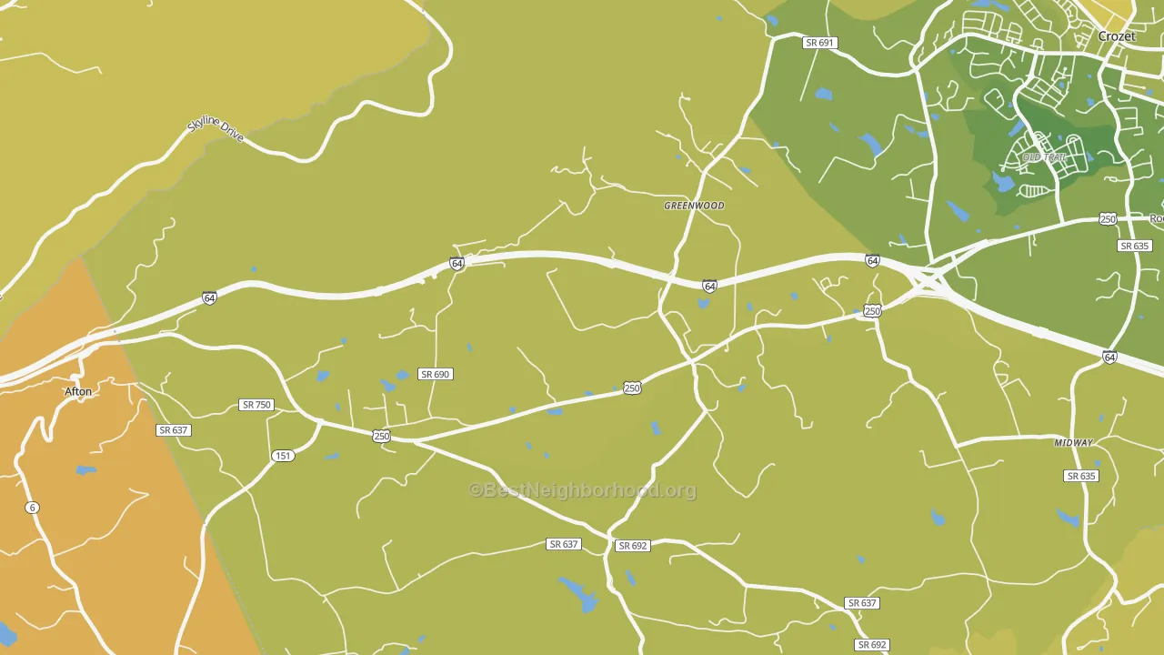 Map of the best neighborhoods in the 22943 area, with better matches in green and worse matches in red