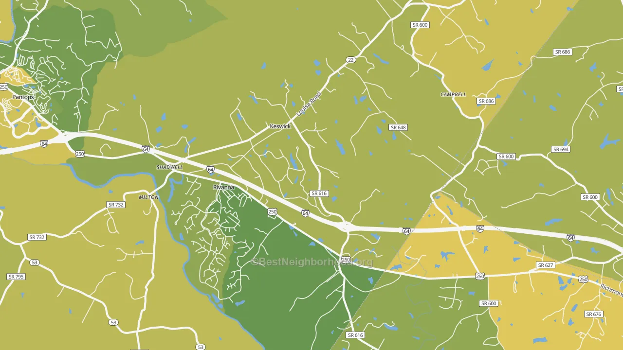 Map of the best neighborhoods in the 22947 area, with better matches in green and worse matches in red