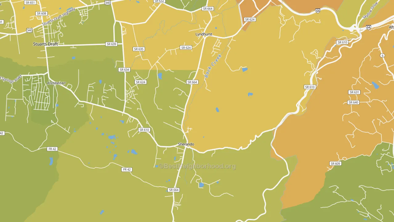 Map of the best neighborhoods in the 22952 area, with better matches in green and worse matches in red