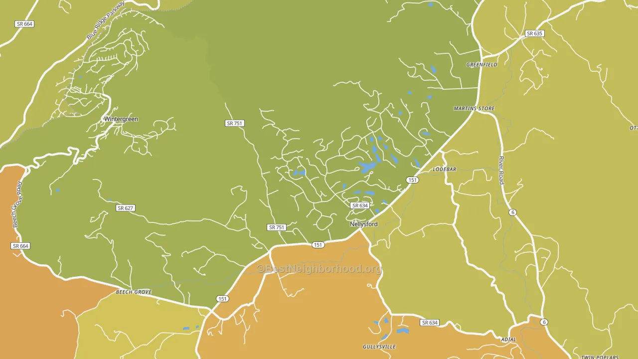 Map of the best neighborhoods in the 22958 area, with better matches in green and worse matches in red