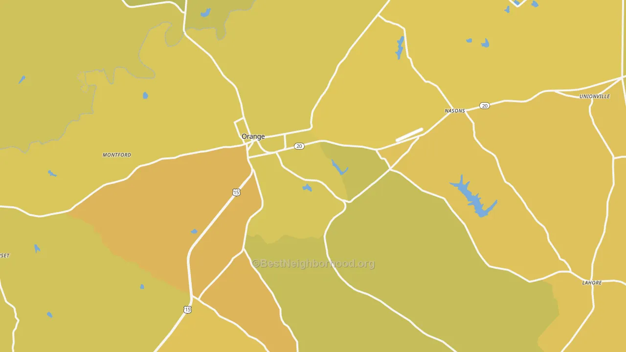 Map of the best neighborhoods in the 22960 area, with better matches in green and worse matches in red