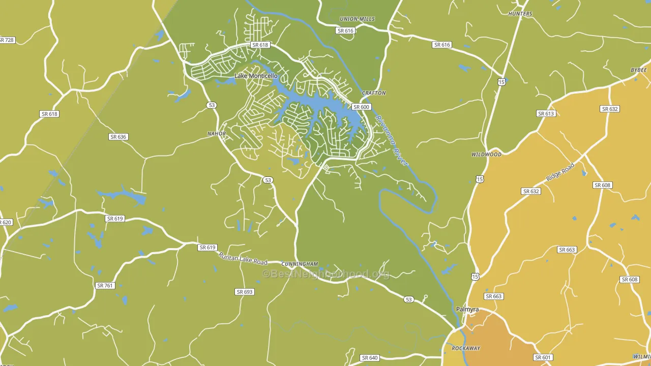 Map of the best neighborhoods in the 22963 area, with better matches in green and worse matches in red