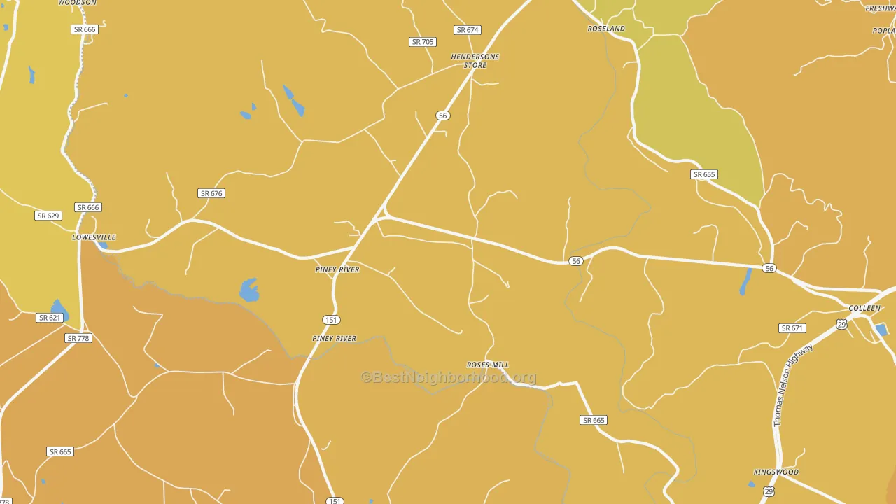 Map of the best neighborhoods in the 22964 area, with better matches in green and worse matches in red