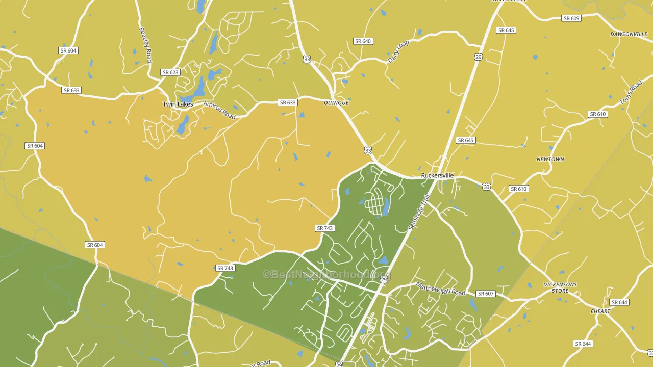 Map of the best neighborhoods in the 22968 area, with better matches in green and worse matches in red