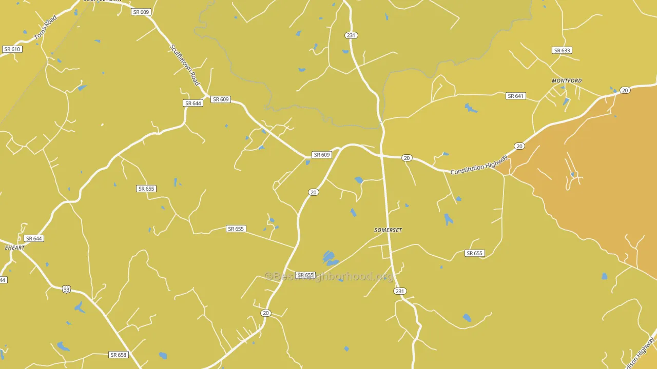 Map of the best neighborhoods in the 22972 area, with better matches in green and worse matches in red