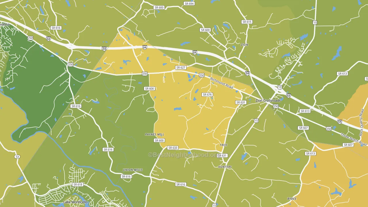 Map of the best neighborhoods in the 22974 area, with better matches in green and worse matches in red