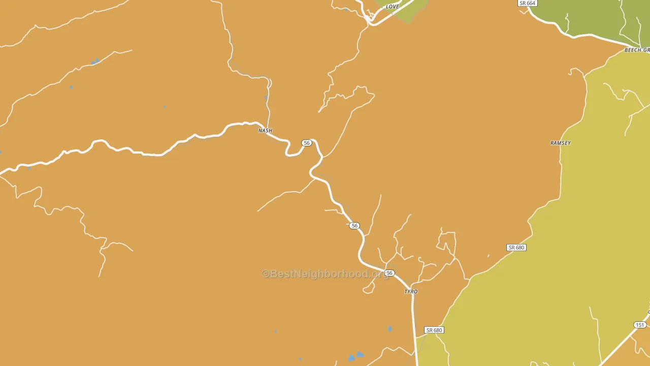 Map of the best neighborhoods in the 22976 area, with better matches in green and worse matches in red